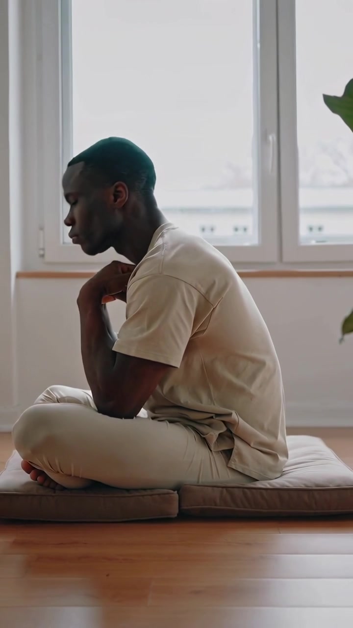Vertical video: Exhaling man folding forward on pad at home by window for breath, beige tee, plant