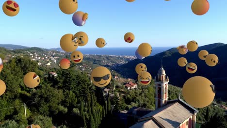 Digital-composition-of-multiple-face-emojis-floating-against-aerial-view-of-cityscape