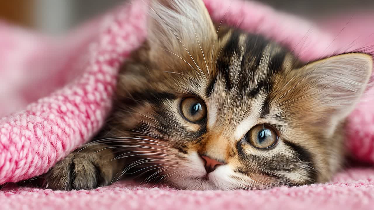 Un gatito atigrado acurrucado en una manta rosa y suave, capturando la esencia de la comodidad y la alegría en expresiones felinas adorables