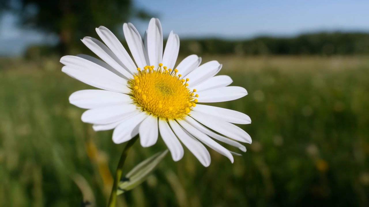 Close-up de uma única margarida branca com centro amarelo, emoldurada contra um prado verde suavemente desfocado sob a luz natural do dia, criando uma cena de natureza primaveril calma