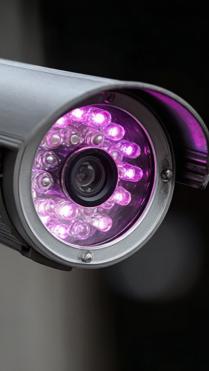 Close-Up View of a Security Camera Featuring Illuminated LEDs in a Vibrant Purple Glow, Highlighting Its Design and Surveillance Capabilities