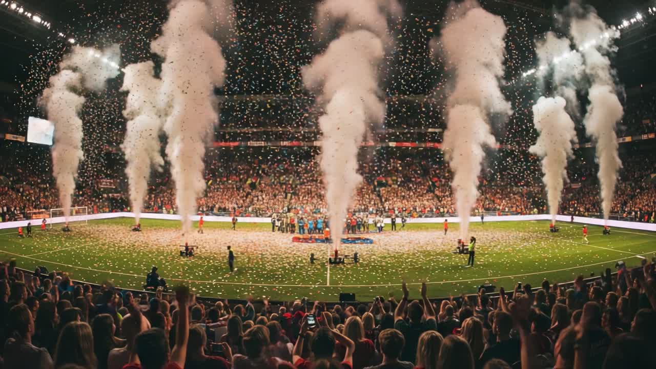 Spectacular Celebration Unfolds with Confetti and Smoke Effects as Enthusiastic Crowd Cheers in a Vibrant Stadium Atmosphere