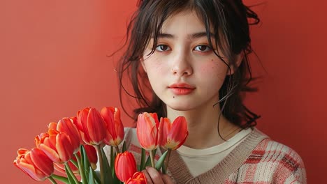 young woman holding red tulips