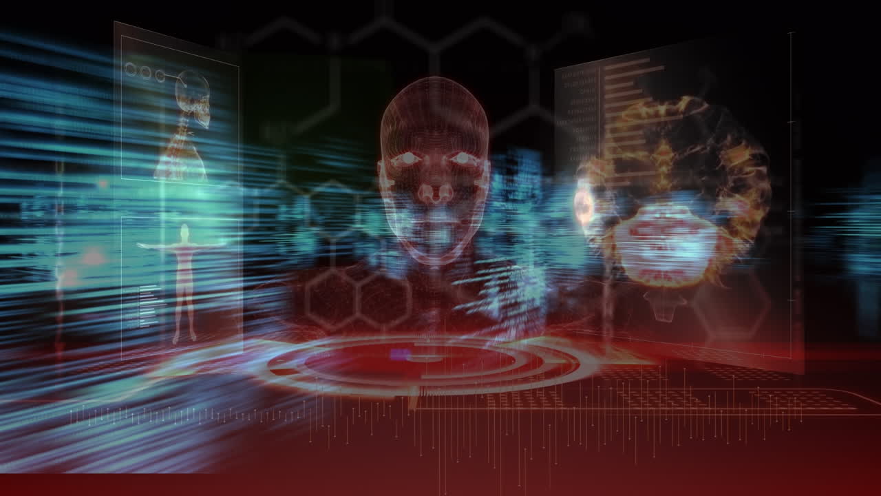 animación del cerebro humano, moléculas girando y procesamiento de datos