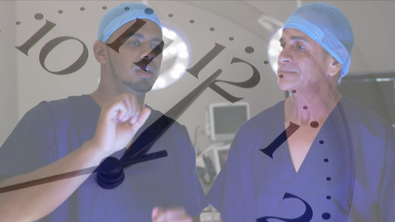 병원에서 논의하는 두 명의 다양한 남성 외과 의사에 대한 시계의 애니메이션