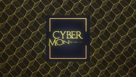 Cyber-Monday-En-Marco-Dorado-Sobre-Patrón-Geométrico-De-Cubos