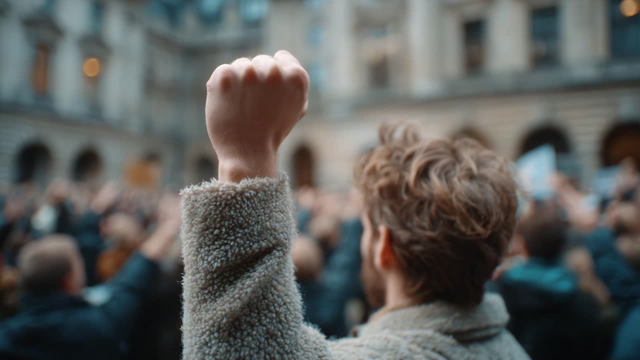 A Passionate Demonstrator Raises a Fist in Unity at a Protest, Signifying Solidarity and Resistance Against Social Issues and Inequality in a Crowded Environment