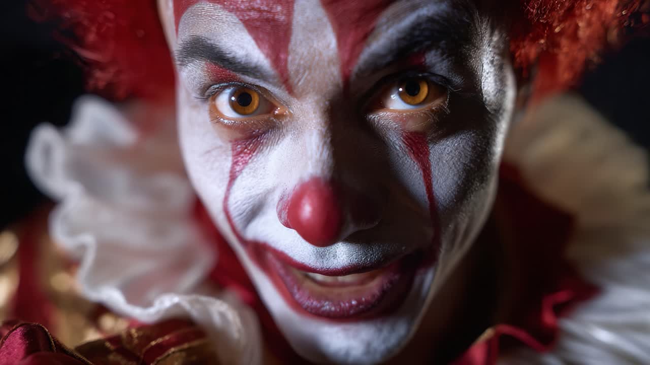 A captivating portrait of a clown character with vivid makeup and expressive features, showcasing the theatrical artistry and emotional depth of clown performance