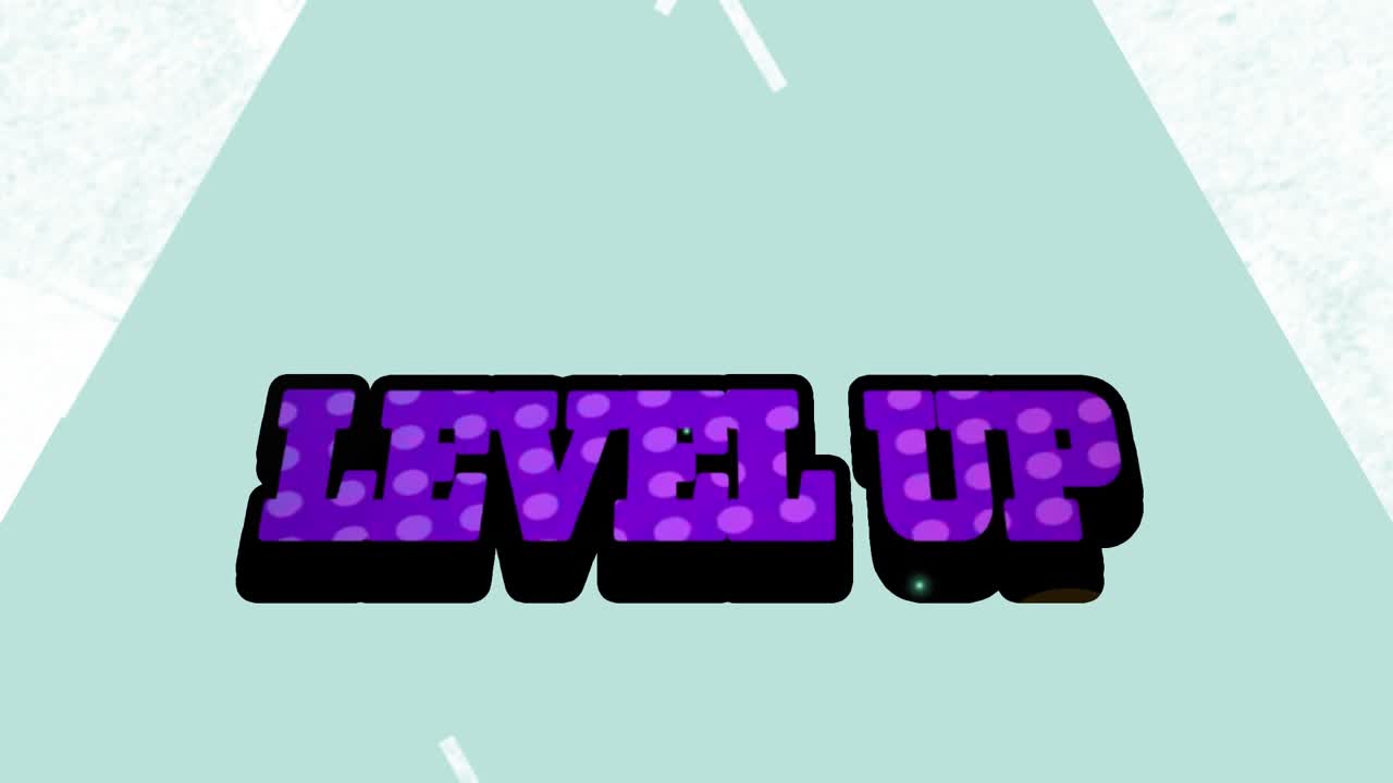 Animation of level up text over geometrical shapes on white background