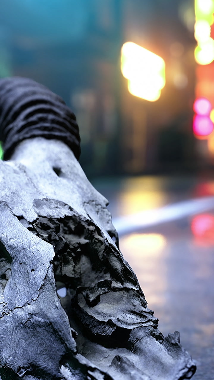 Weathered wood and city lights in evening street scene