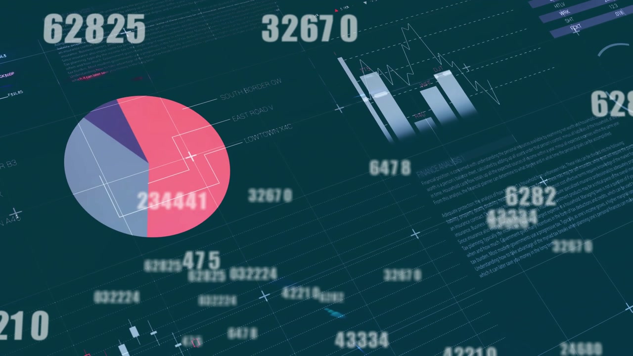 Animation of financial data processing on dark background
