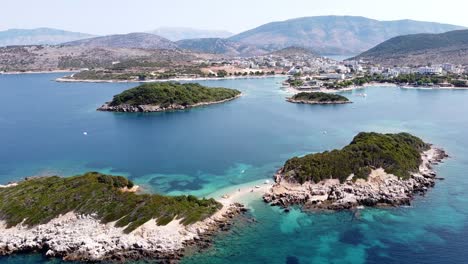 Ksamil-Islands,-Albania---Aerial-of-Small-Sandy-Beach-and-Beautiful-Coastline