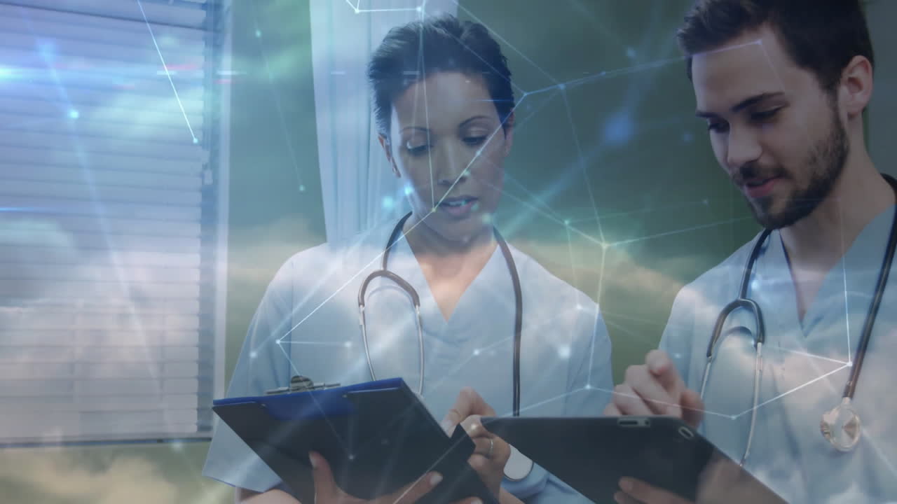 doctors reviewing clipboard and tapping tablet in health clinic, adding network overlay