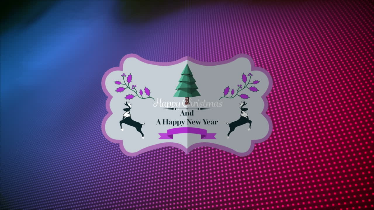 animación de feliz navidad y un texto de feliz año nuevo sobre fondo púrpura