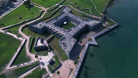 Aerial-view-in-front-of-the-Castillo-De-San-Marcos,-in-sunny-St