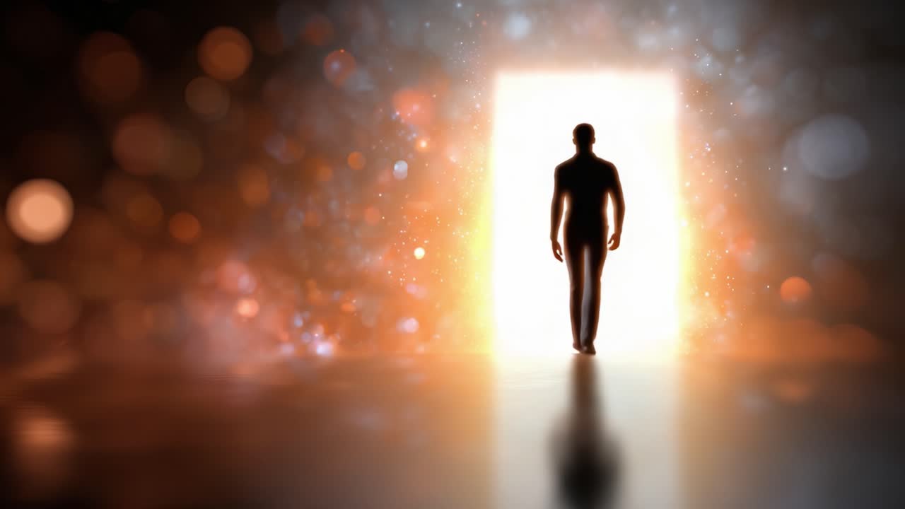 A silhouette approaches a radiant doorway, symbolizing exploration and new beginnings through the enchanting glow of possibilities beyond the threshold