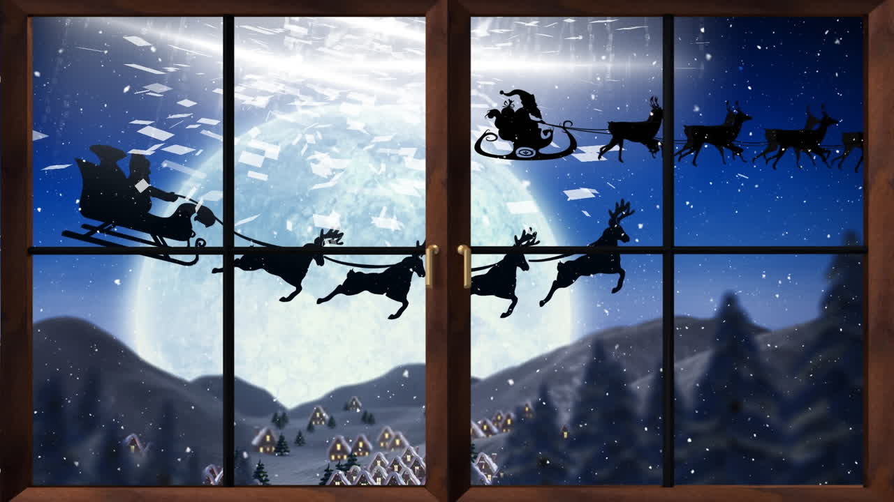 animación de nieve cayendo sobre santa claus en trineo con renos y luna vista a través de la ventana