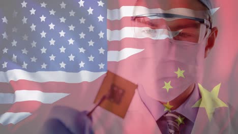 Animation-of-caucasian-male-scientist-with-computer-chip,-flag-of-china-and-united-states-of-america