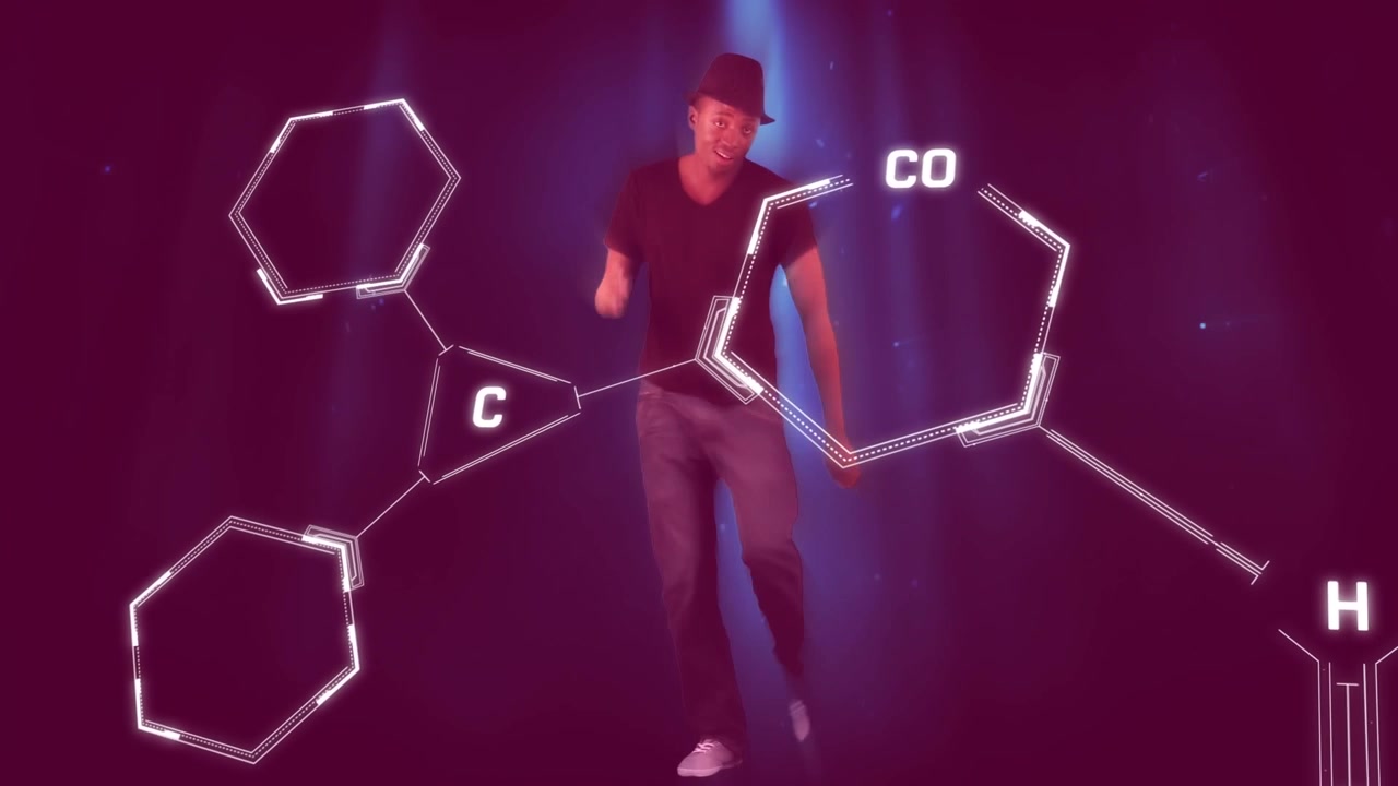 Animation of chemical formulas and data processing over caucsian man dancing on purple background