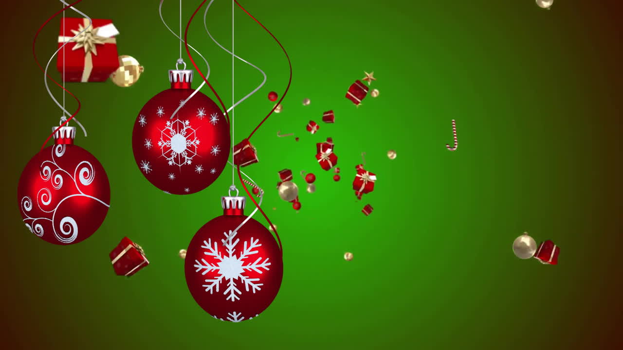 Animation of christmas presents over baubles