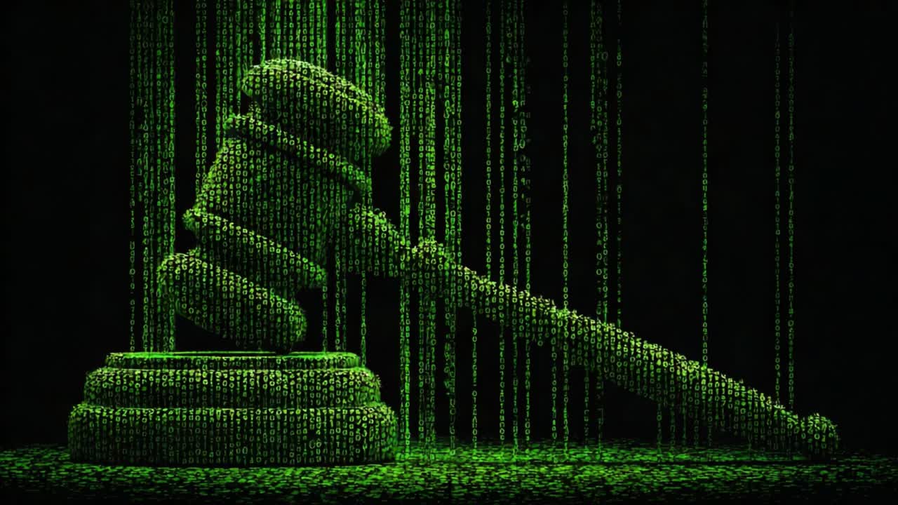 A striking visual representation of justice portrayed through a digital gavel made of green binary code, symbolizing the intersection of law and technology in a modern world