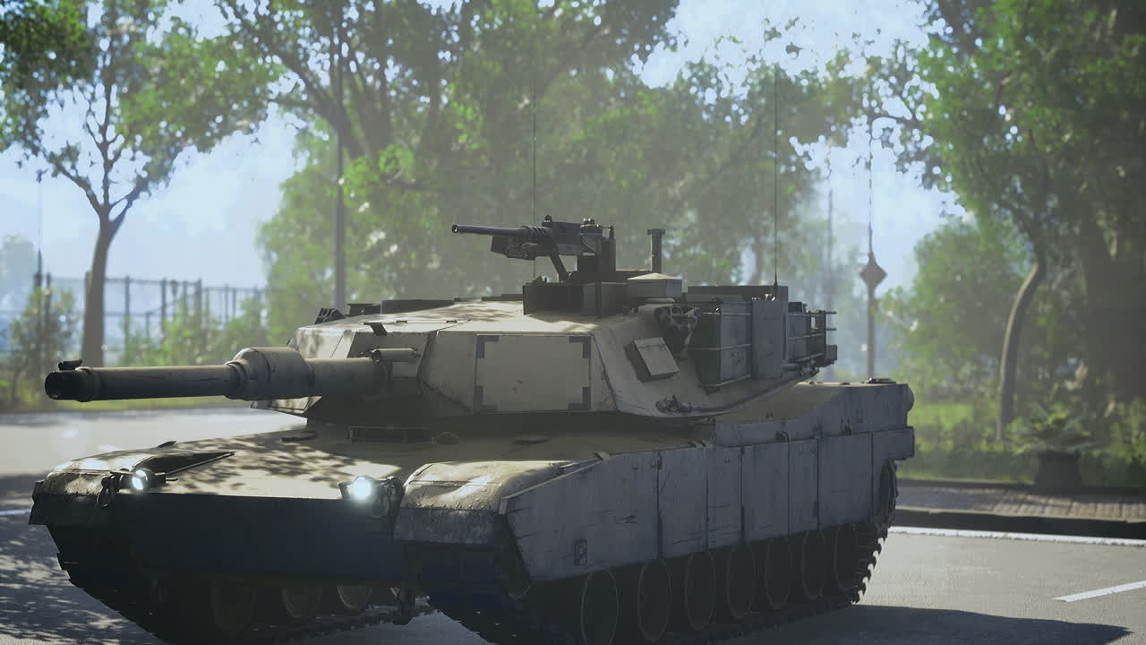 Tank stands ready for action in a sunlit military environment