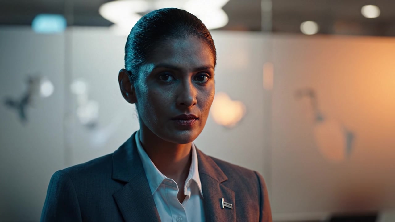 A determined woman in a professional suit stands in a modern office space, exuding confidence and resilience while framed by soft lighting and a blurred background.