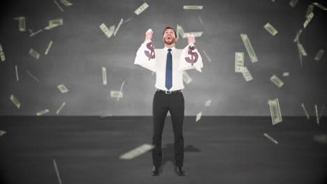 composite video of businessman holding money bags