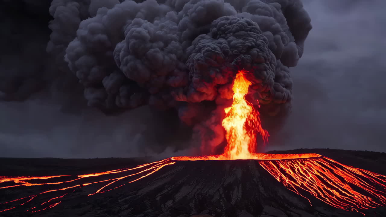 Dramatic Volcanic Eruption with Lava Flow and Ash Plume