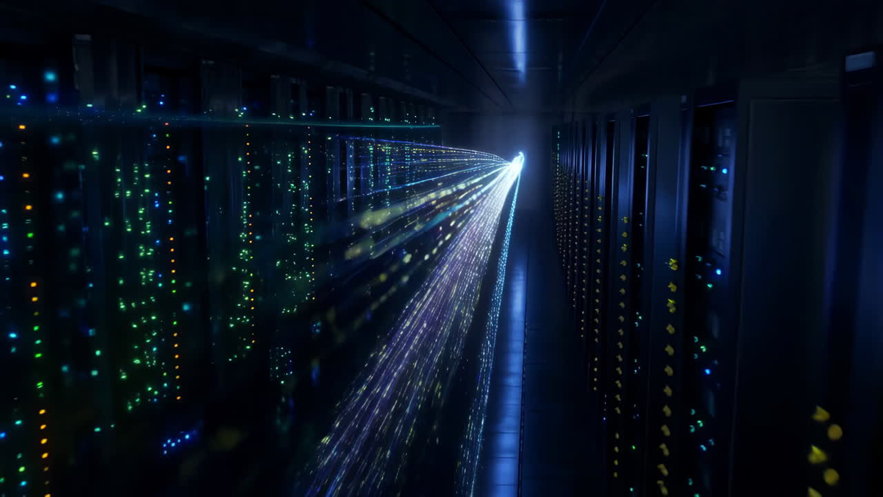 Futuristic Digital Data Flow in a Server Room