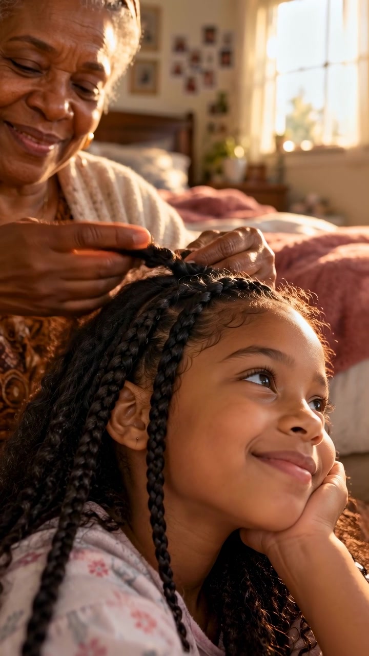 Warm sunlight falls across an older woman's hands as she works on neat braids while a relaxed young girl smiles and shifts her gaze, seated indoors beside a bed.