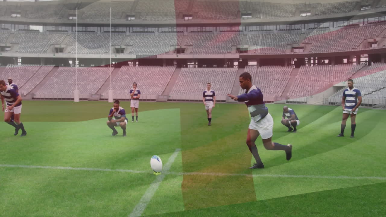 In stadium, rugby players tackling on field with animation in background
