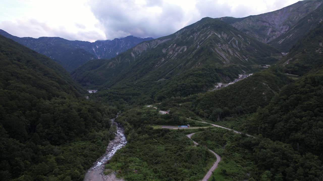 Hakuba Lush Greenery Mountains And Matsu River In Nagano, Kitaazumi District, Japan. Aerial Drone Shot