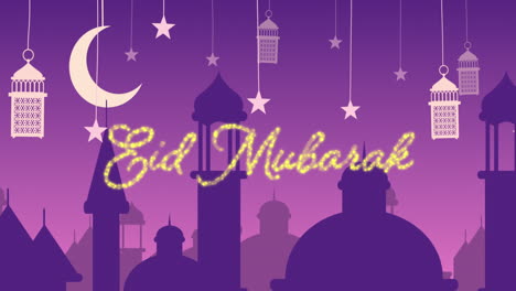 glittery eid mubarak greeting with mosques and lanterns with moon and stars