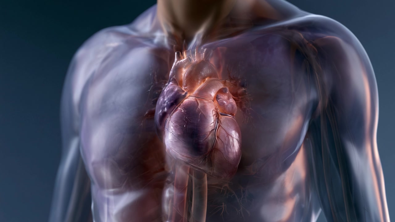 Una Rappresentazione Visiva Dettagliata del Cuore Umano all'Interno di un Torace Trasparente, che Illustra l'Anatomia e la Funzionalità Cardiaca in un Rendering Realistico Mozzafiato.