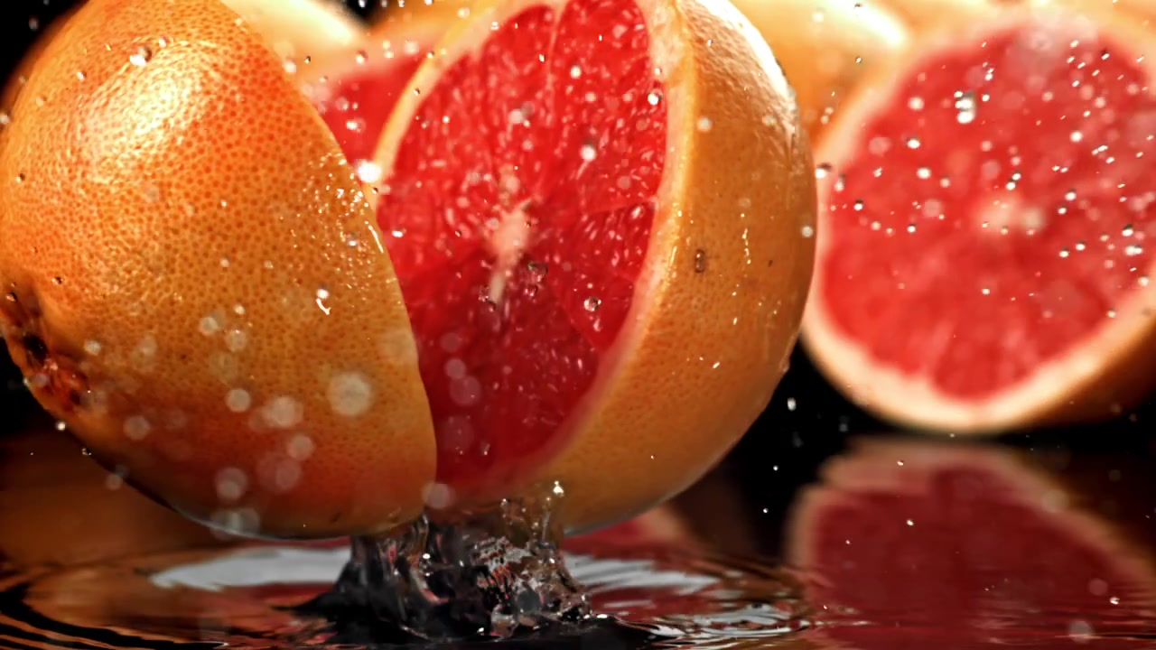 Frische rote Grapefruit zerteilt sich und spritzt in Zeitlupe ins Wasser
