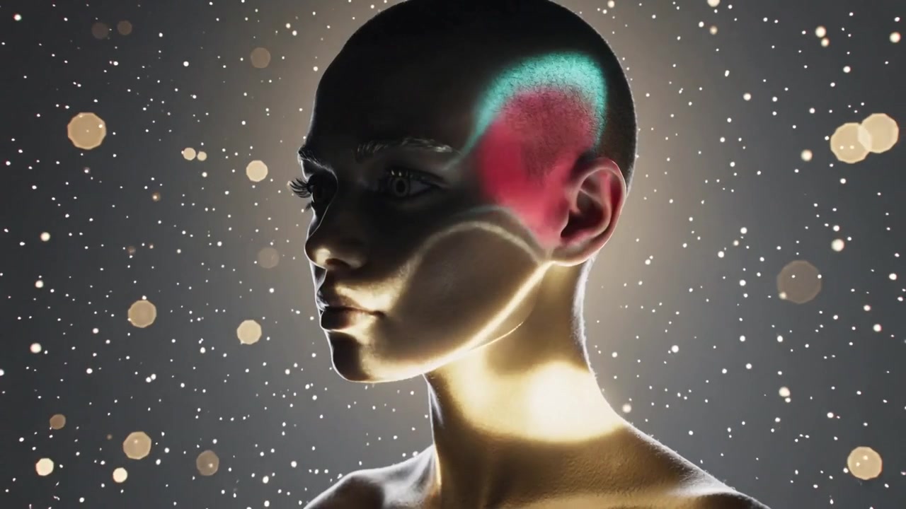 Camera revealing bare-shouldered woman turning on set, showing neon art shifting to halo silhouette