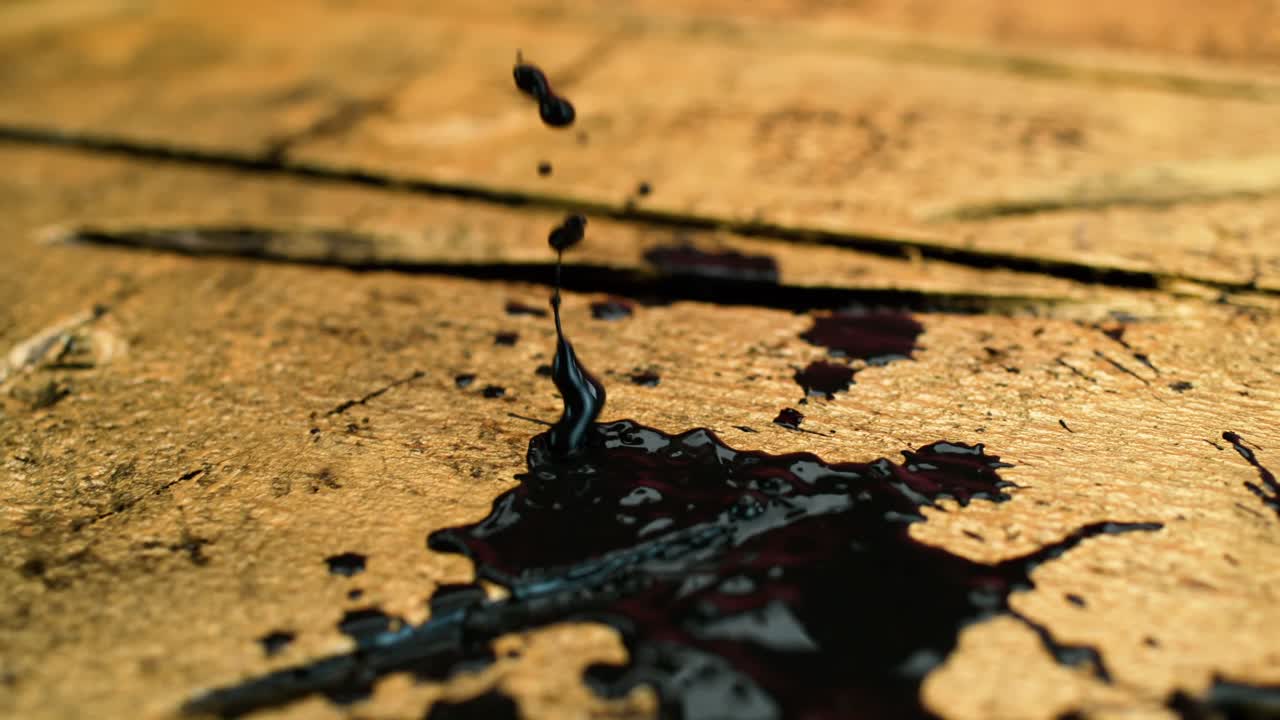 Black liquid droplets fall onto the wooden surface in a close, slow-motion capture, evoking an artistic concept of paint cascading onto wood