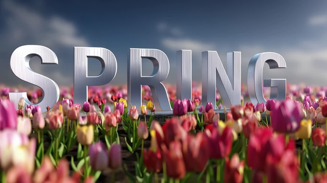 Bright letters spell "SPRING" above vibrant tulips. Sky glows blue with soft clouds above. Flowers burst pink, purple, and yellow. Soil rich and dark beneath blossoms. Scene whispers renewal and joy