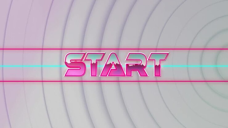 Animation of start text over neon shapes on white background