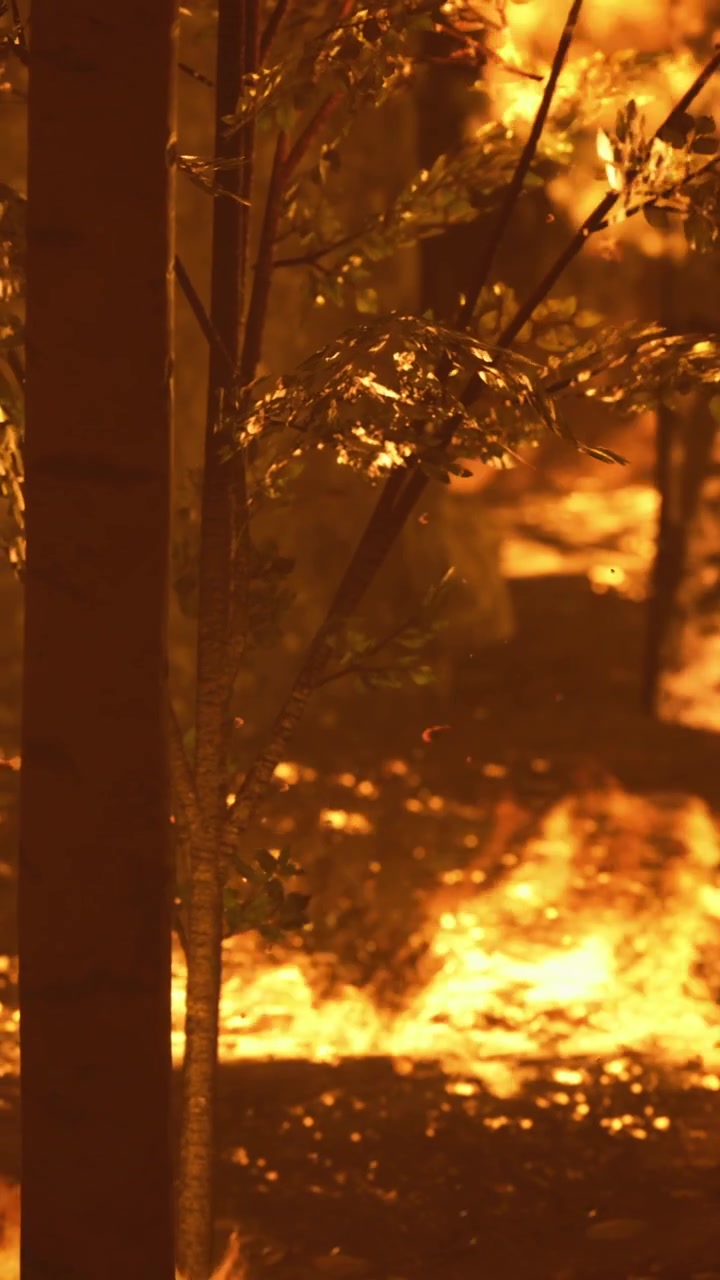 Hutan terbakar dalam kobaran api saat senja, menciptakan lanskap distopia.