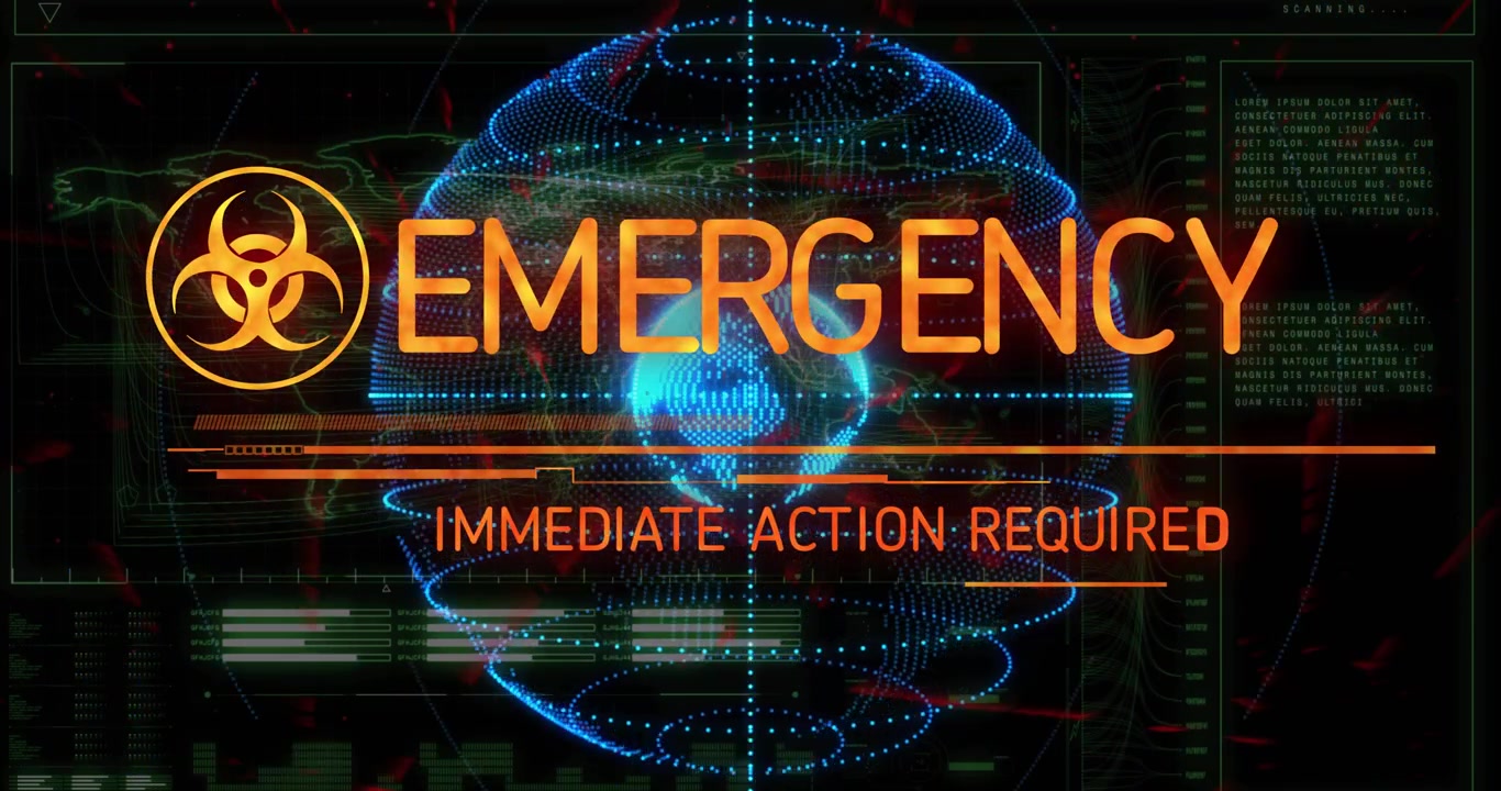 Appare un avviso, un globo punteggiato ruota, si forma il testo arancione "EMERGENCY", richiedendo un'azione immediata.