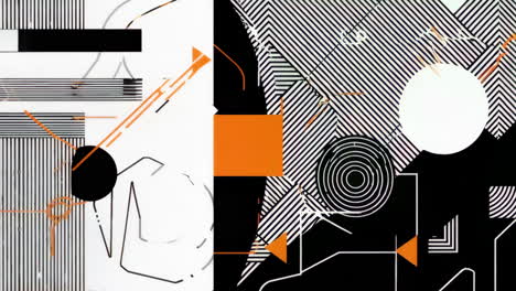 abstract geometric patterns in black, white, and orange