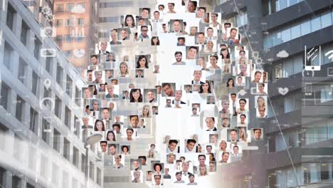 animation of globe with people's photographs over modern building background