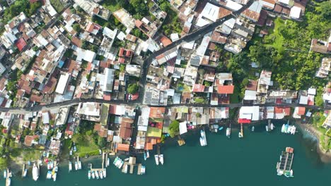 Die-Drohne-Steigt-Von-Oben-Nach-Unten-Zu-Den-Häusern-An-Der-Küste-Des-Atitlan-Sees-In-Guatemala,-Einem-Entwicklungsland