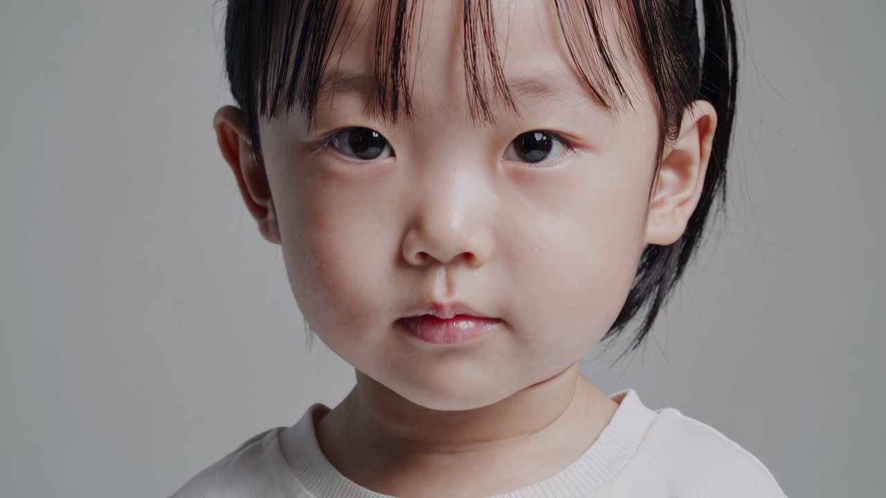 Close up portrait of adorable young east asian child with dark hair and eyes looking directly at the camera against a neutral gray background, conveying a sense of innocence and curiosity