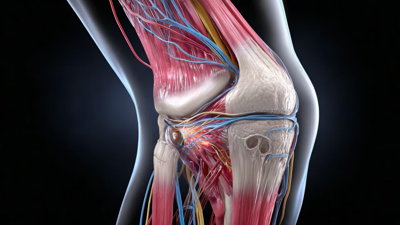 Detailed Close-Up Visualization of the Human Knee Joint, Highlighting Muscles, Tendons, and Circulatory System for Educational and Anatomical Insights