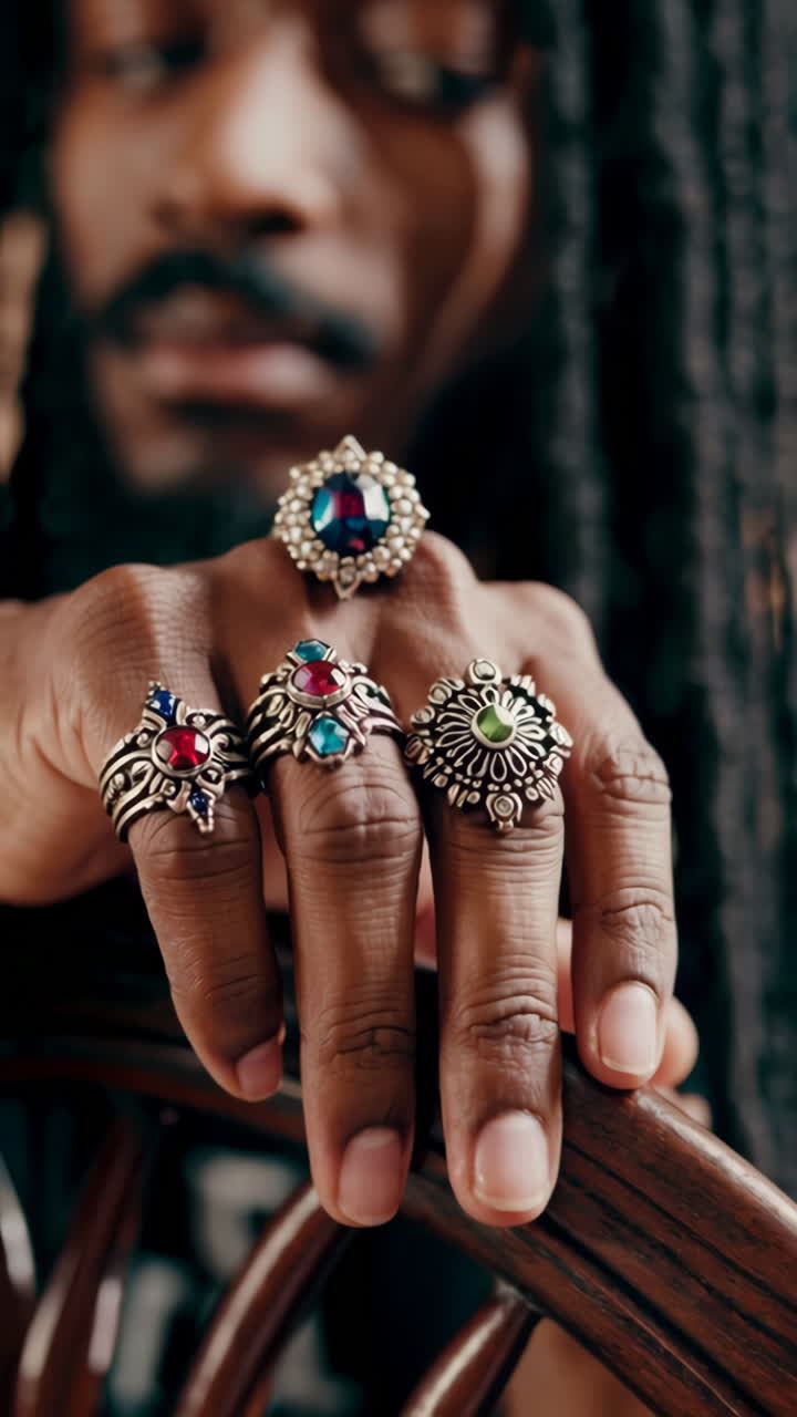 Close-up of a person's hand adorned with multiple ornate rings