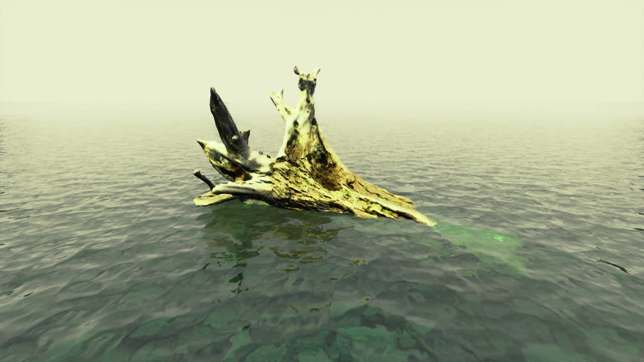 Isolated rocky formation rises from calm waters in misty environment