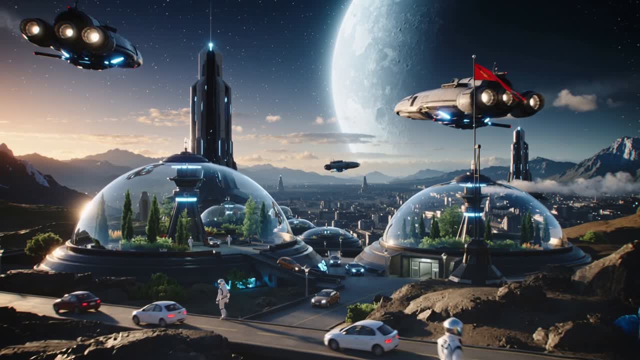 Approaching hovering craft, suited personnel walking along paved road near dome habitats, with cars